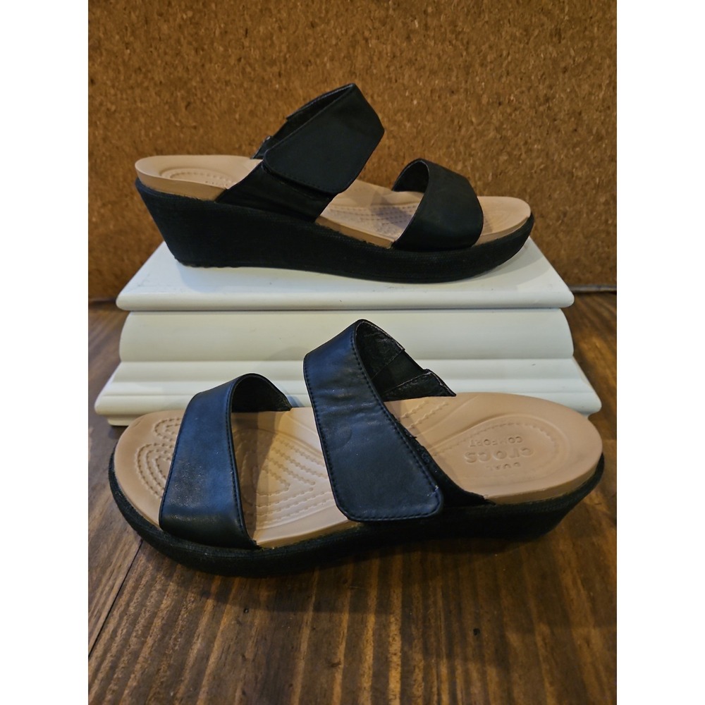 Crocs A-Leigh Black Leather 2-Strap Mini Wedge Sandals  Sz 6 #772